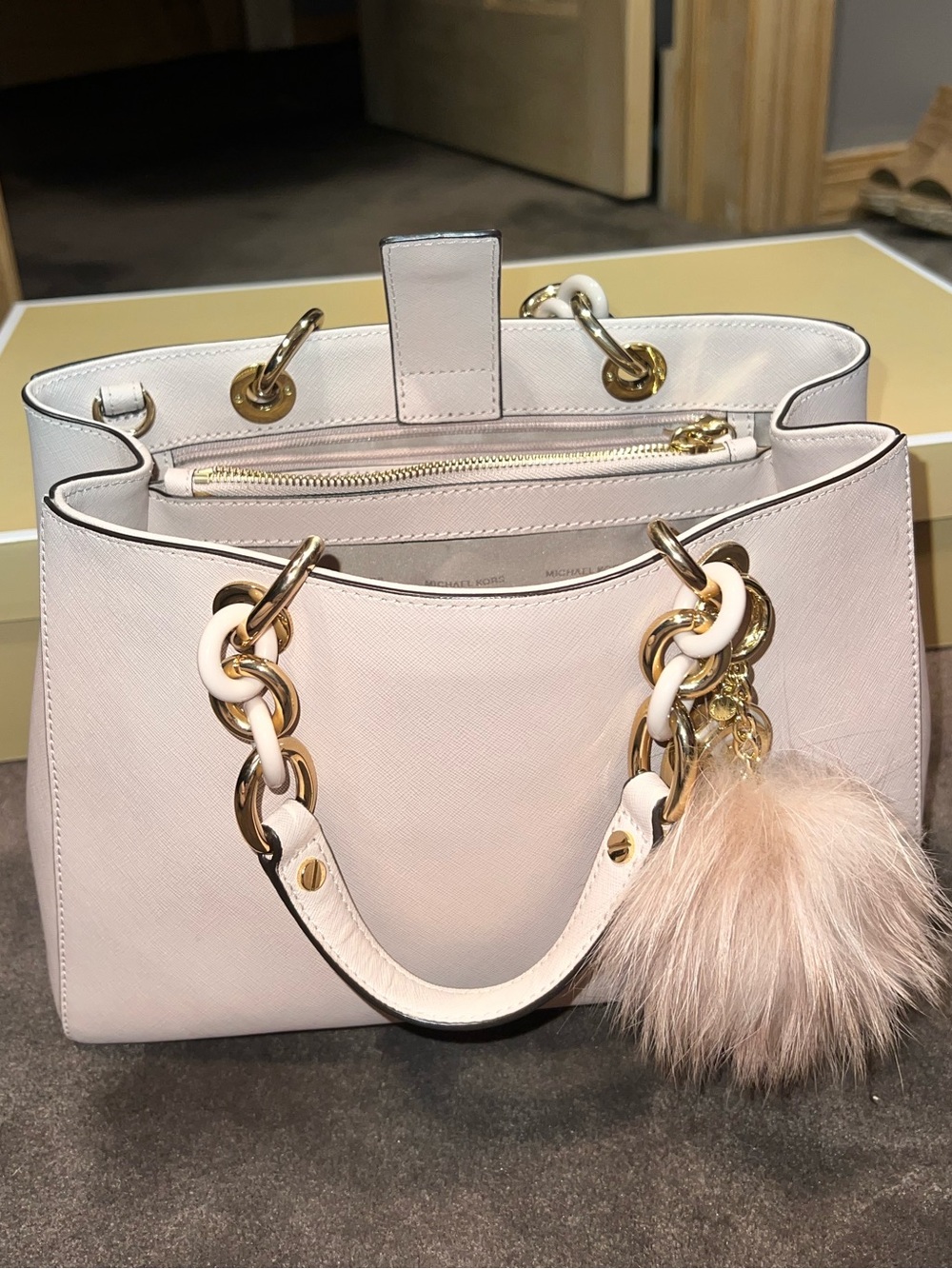 Elegant Women's white Satchel Handbag with Gold Hardware